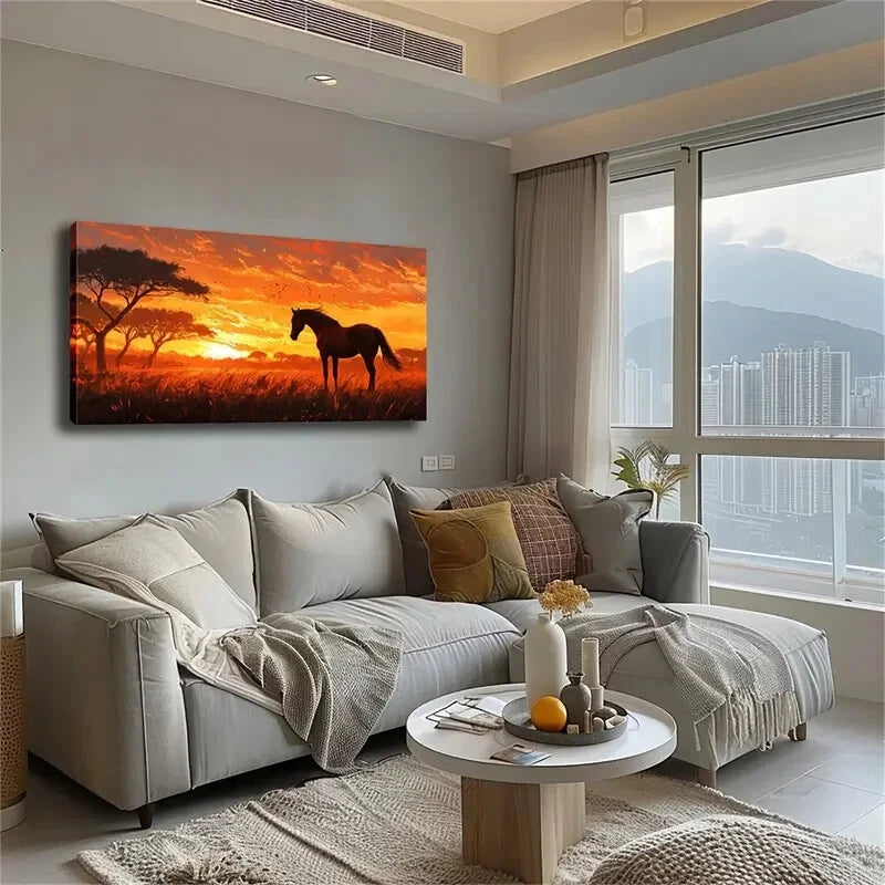 Realistic Sunset Grassland Wall Art Canvas Office Home Room Framed 120x60cm - Bella Home Decor
