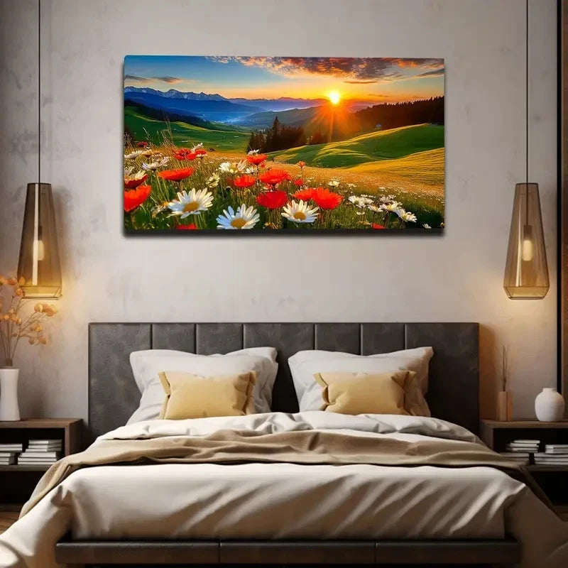 Vibrant Sunset Mountain Wall Art Canvas Office Home Room Framed 120x60cm