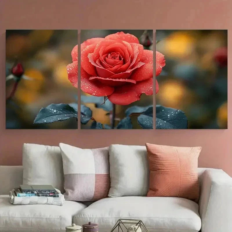 3pcs Elegant Red Rose Floral Décor Perfect Wall Art Set Canvas Framed 60x90cm - High Quality Print 100% Australian Made Wall Canvas Ready to Hang