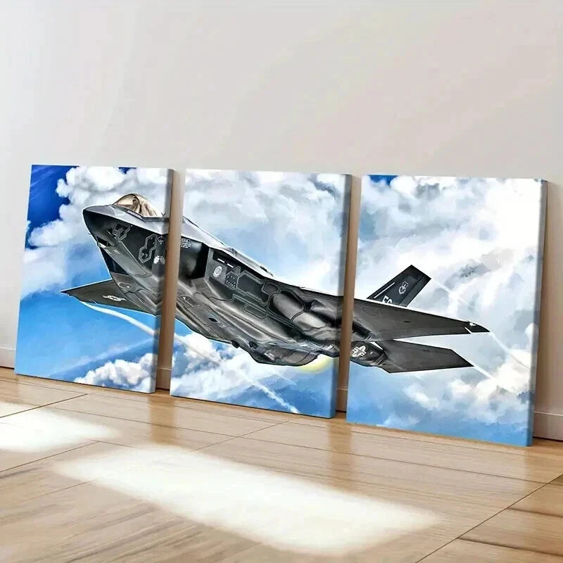 3pcs Fighter Jets & Bombers in Flight Wall Art Set Canvas Framed 60x90cm - High Quality Print 100% Australian Made Wall Canvas Ready to Hang - Bella Home Decor