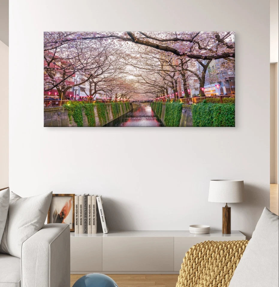 Landscape Cherry Blossom Canal Japan Wall Art Canvas Office Home Framed 120x60cm