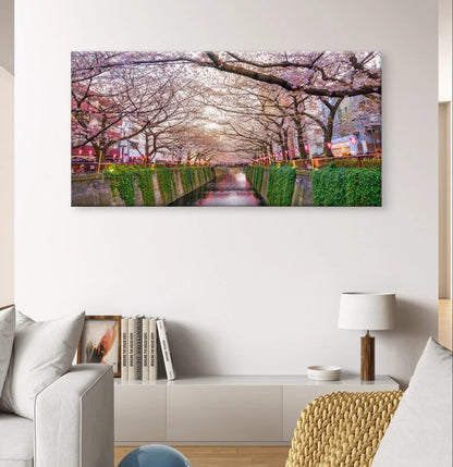 Landscape Cherry Blossom Canal Japan Wall Art Canvas Office Home Framed 120x60cm