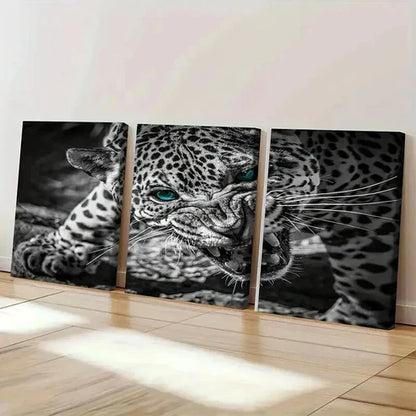 3pcs Black and White Jaguar with Green Eyes Art Set Canvas Unframed - High Quality Print 100% Australian Made Wall Canvas - Bella Home Decor