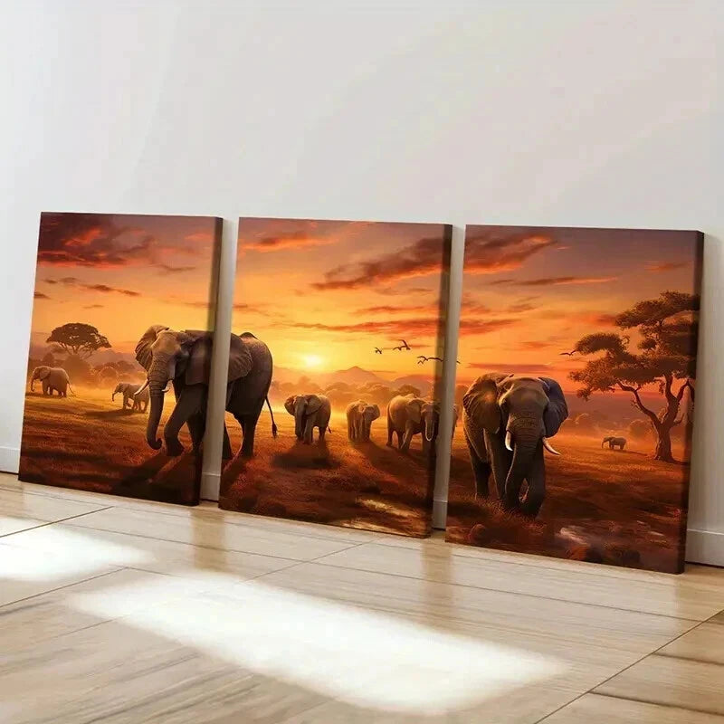 3pcs African Elephant in a Grassland During Sun Wall Art Set Canvas Framed 60x90cm - High Quality Print 100% Australian Made Wall Canvas Ready to Hang - Bella Home Decor