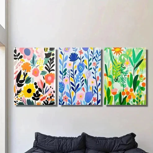 3pcs Colorful Spring Flowers and Leaves Wall Art Canvas Unframed - High Quality Print 100% Australian Made Wall Canvas - Bella Home Decor
