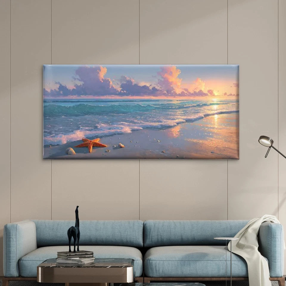 Ocean Waves & Starfish Coastal Wall Art Canvas Office Home Room Framed 120x60cm