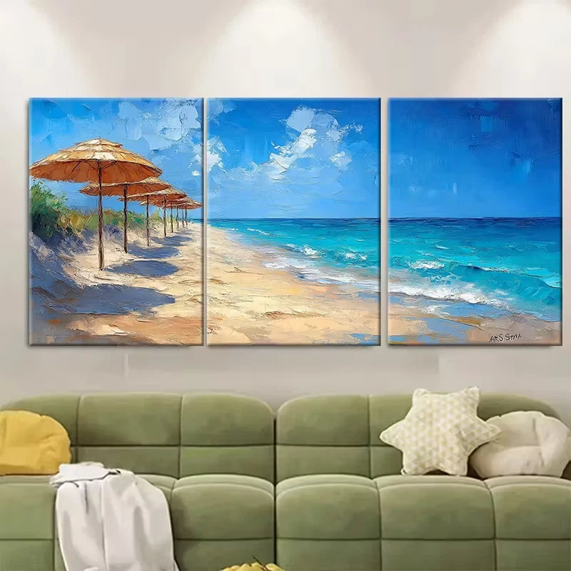 3pcs Beach Umbrellas Oil Painting Coastal Summer Metal Print Ready to Hang Art - Bella Home Decor