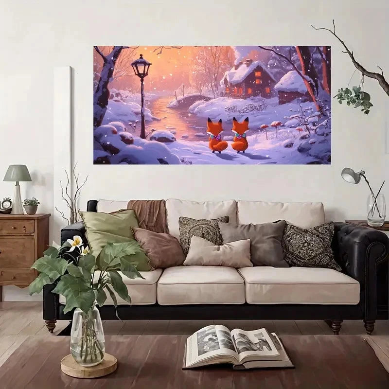 Orange Foxes Snowy Woods Wall Art Canvas Office Home Room Framed 120x60cm