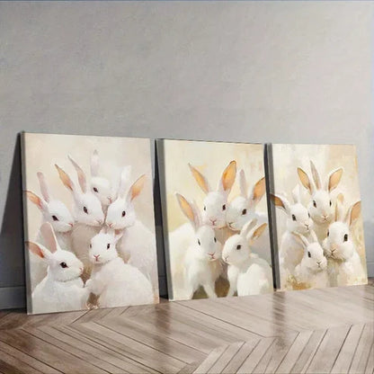 3 PCS White Rabbits Canvas Adorable Animals Wall Art Set Canvas Unframed - High Quality Print 100% Australian Made Wall Canvas - Bella Home Decor