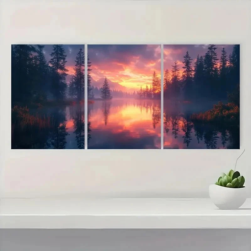 3pcs  Peaceful Pine Forest Lake Reflections LR   Framed Wall Art Set Canvas Framed 50x70cm - High Quality Print 100% Australian Made Wall Canvas Ready to Hang - Bella Home Decor