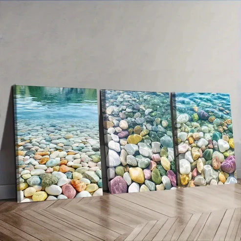 3pcs Colored stones by the river  Wall Art Set Canvas Unframed - High Quality Print 100% Australian Made Wall Canvas - Bella Home Decor