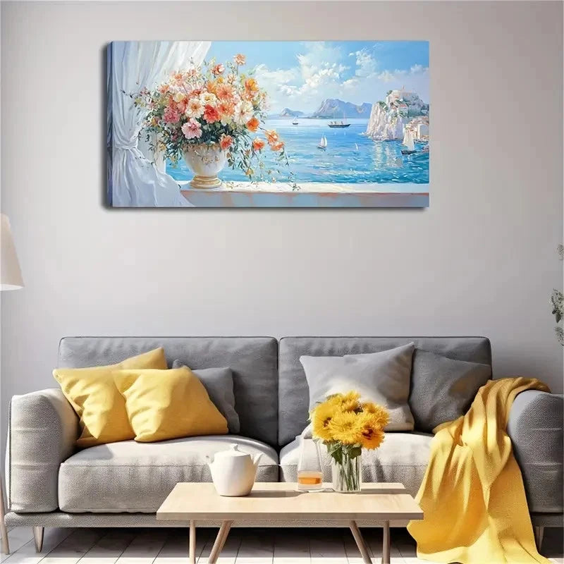 Serene Floral Coastal Scene Wall Art Canvas Office Home Room Framed 120x60cm