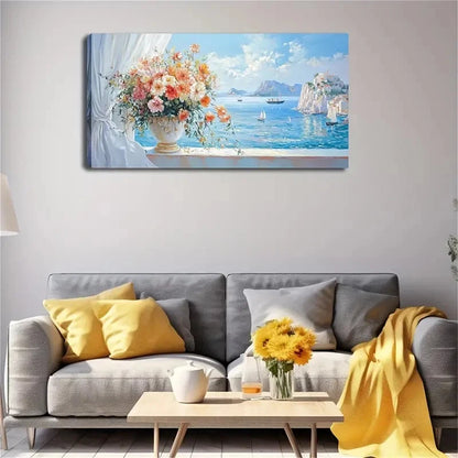 Serene Floral Coastal Scene Wall Art Canvas Office Home Room Framed 120x60cm