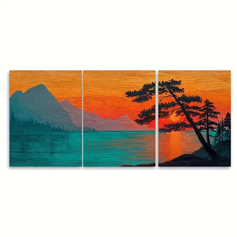 3pcs Sunset Mountain & Ocean Scenery with Trees Wall Art Set Canvas Framed 50x70cm – High Quality Print 100% Australian Made Wall Canvas Ready to Hang