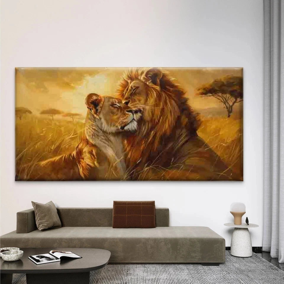 Lion & Lioness Savannah African Wall Art Canvas Office Home Room Framed 120x60cm