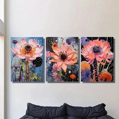 3pcs Retro Pink Cornflower Landscape Wall Art Set Canvas Unframed - High Quality Print 100% Australian Made Wall Canvas