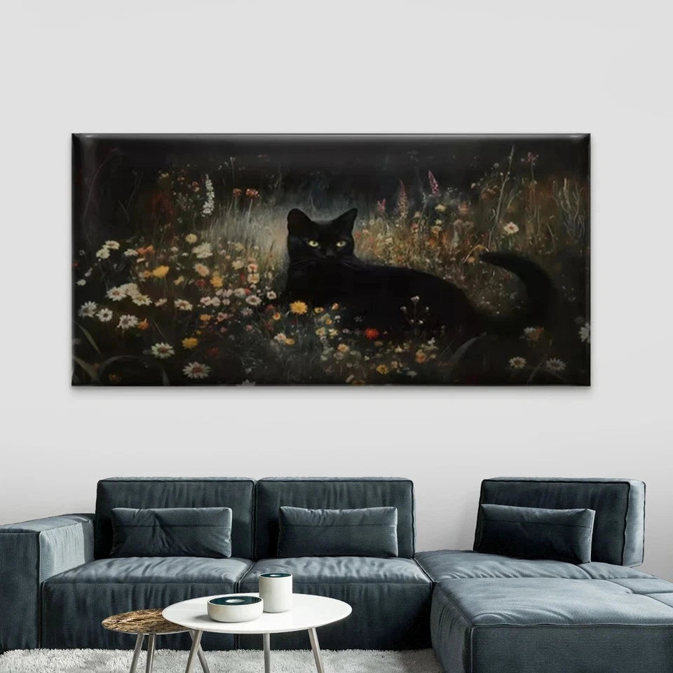 Black Cat in Dark Flower Field Wall Art Canvas Office Home Room Framed 120x60cm