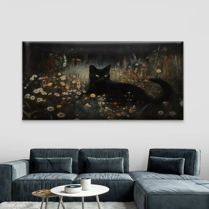 Black Cat in Dark Flower Field Wall Art Canvas Office Home Room Framed 120x60cm