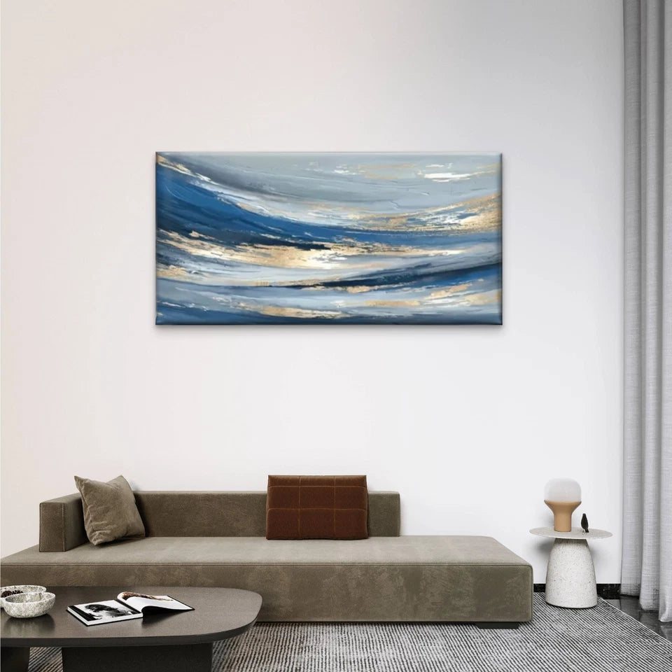 Blue Golden Waves Perfect Wall Art Canvas Office Home Room Framed 120x60cm