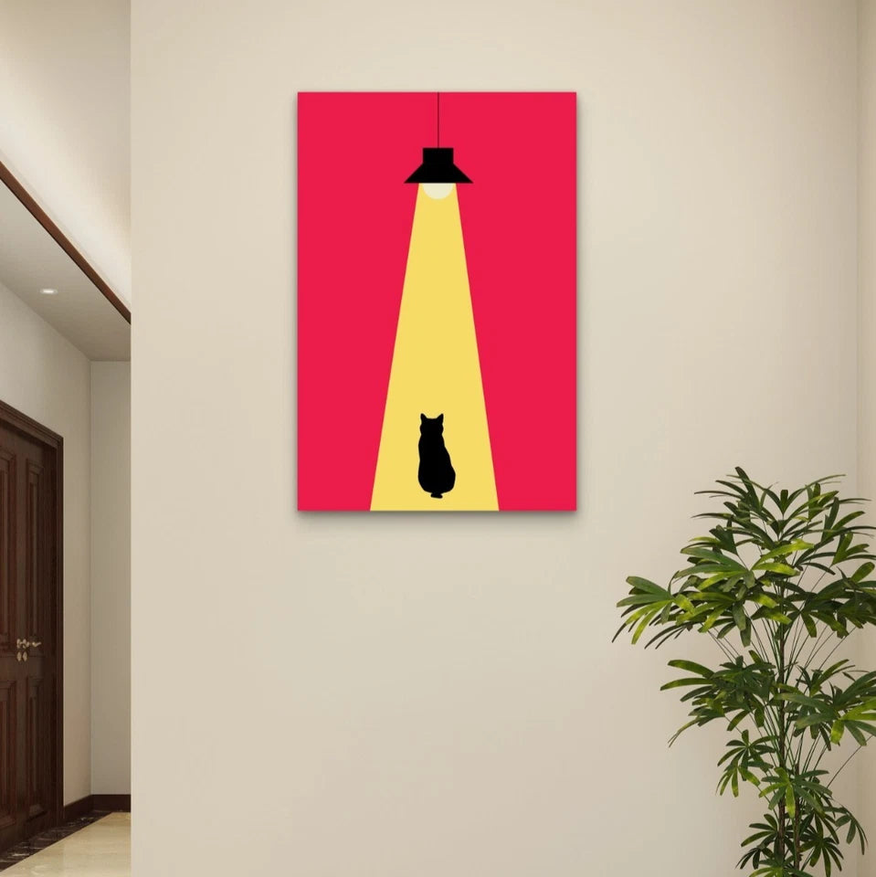 Minimalist Black Cat Under a Spotlight Pop Art 40x60cm Metal Print Ready to Hang