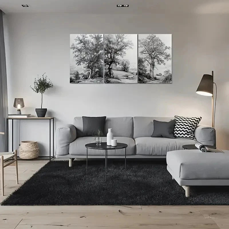 3pcs Black and White Nature Tree Sketch Metal Print Ready to Hang Art
