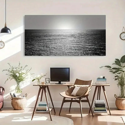 Ocean Monochrome Modern Wall Art Canvas Office Home Room Framed 120x60cm
