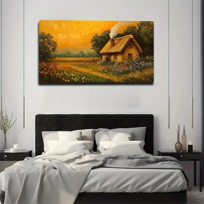 Rustic Sunset Cottage Scene Wall Art Canvas Office Home Room Framed 120x60cm