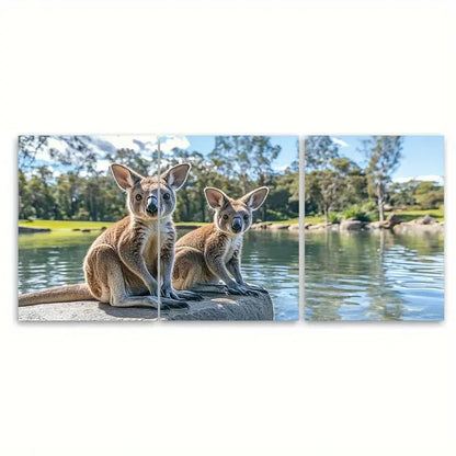 3pcs Hunter Valley Kangaroos by the Lake   Wall Art Set Canvas Framed 50x70cm - High Quality Print 100% Australian Made Wall Canvas Ready to Hang
