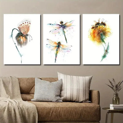 3pcs Dragonfly Butterfly Flower Lovers Perfect Wall Art Set Canvas Framed 40x60cm - High Quality Print 100% Australian Made Wall Canvas Ready to Hang - Bella Home Decor