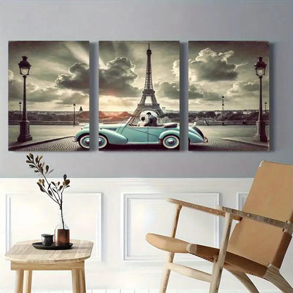 3pcs Eiffel Tower Vintage Car  Wall Art Set Canvas Framed 50x70cm - High Quality Print 100% Australian Made Wall Canvas Ready to Hang - Bella Home Decor