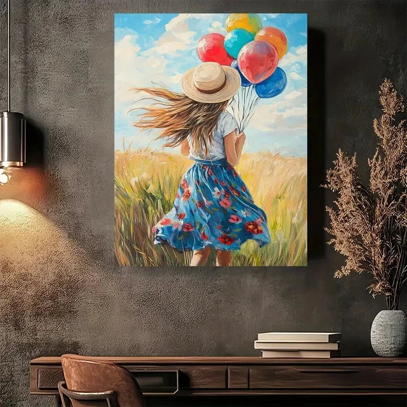 Beautiful Colorful Balloons In Wheat Field Painting 40x60cm Metal Print Ready to Hang - Bella Home Decor