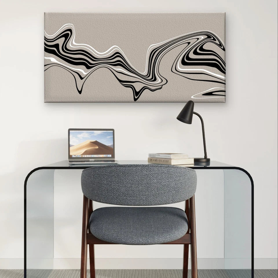 Modern Abstract Black and White Wave Wall Art Canvas Office Home Framed 120x60cm