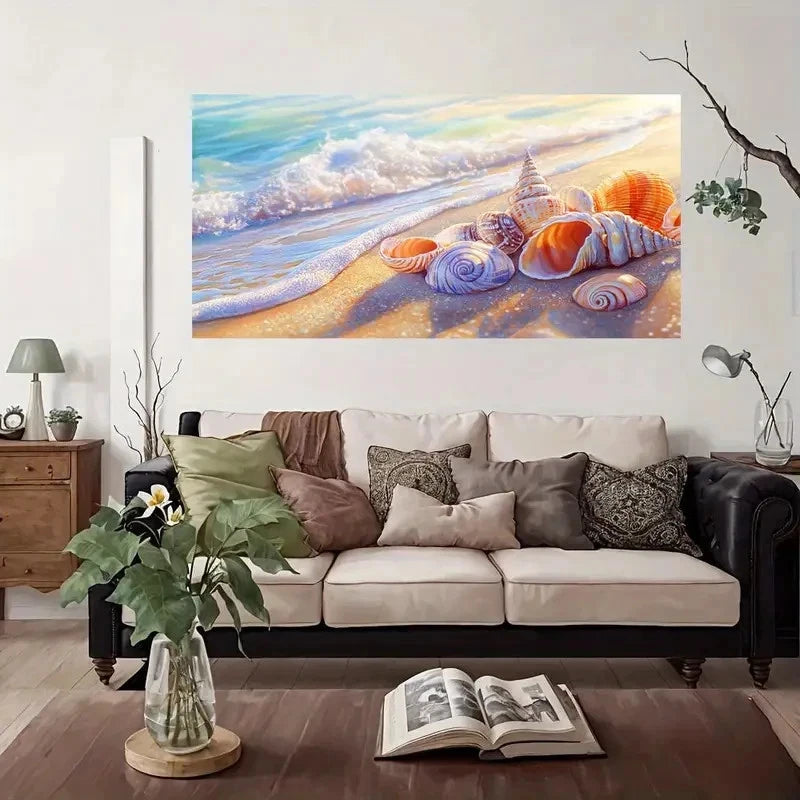 Ocean Waves & Seashells Wall Art Canvas Office Home Room Framed 120x60cm