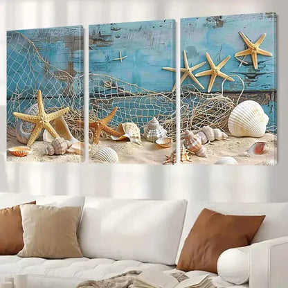 3pcs Modern Fishing Net Seashells Starfish Art Set Canvas Unframed - High Quality Print 100% Australian Made Wall Canvas
