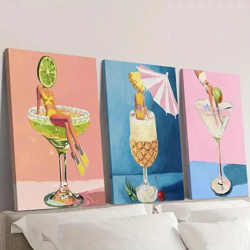 3pcs Woman in Cocktail Wine Glass Wall Art Set Canvas Unframed - High Quality Print 100% Australian Made Wall Canvas