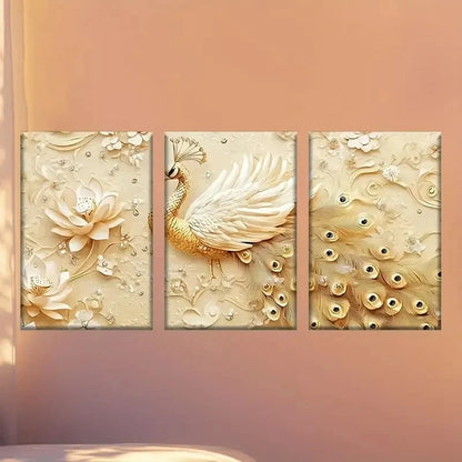 3pcs  wallpaper with a Golden peacock and flowers  Wall Art Set Canvas Framed 50x70cm - High Quality Print 100% Australian Made Wall Canvas Ready to Hang - Bella Home Decor