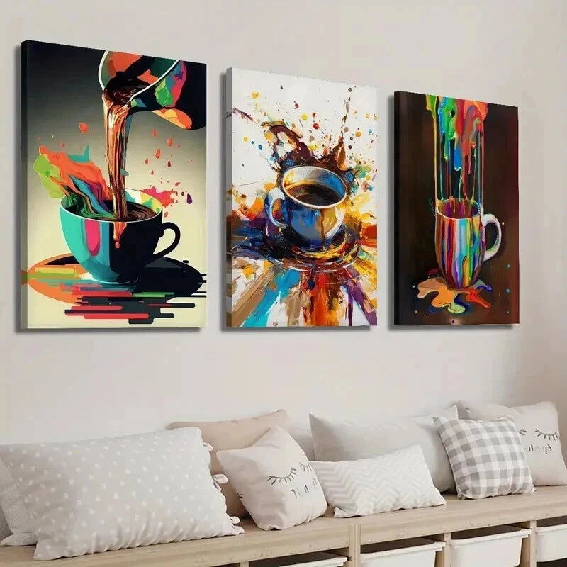 3pcs Vibrant Coffee Splatter Colorful Perfect Wall Art Set Canvas Framed 60x90cm - High Quality Print 100% Australian Made Wall Canvas Ready to Hang - Bella Home Decor