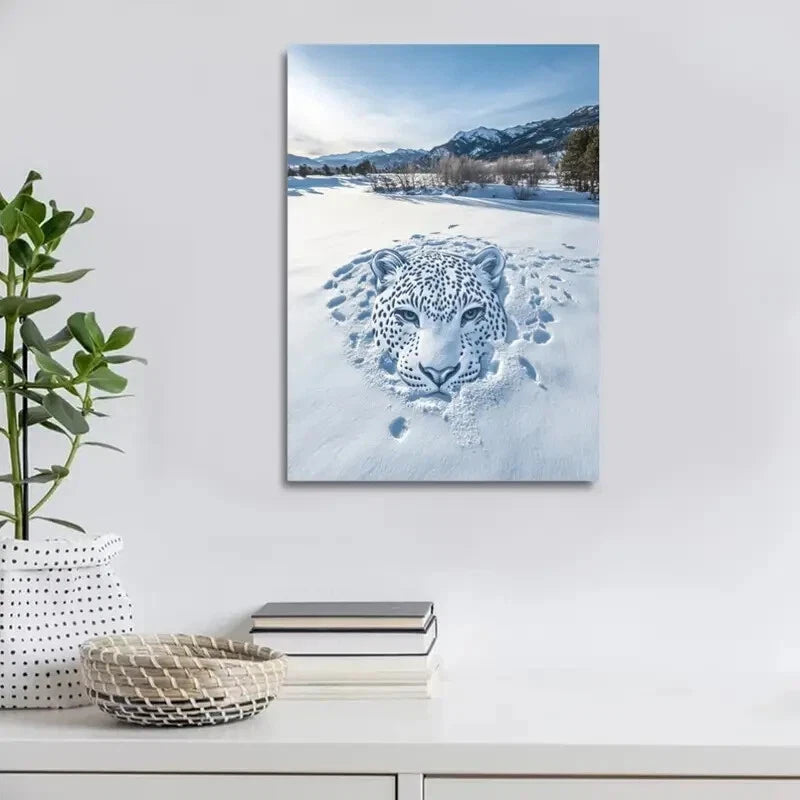 Beautiful Contemporary Leopard in Snow Painting 40x60cm Metal Print Ready to Hang - Bella Home Decor