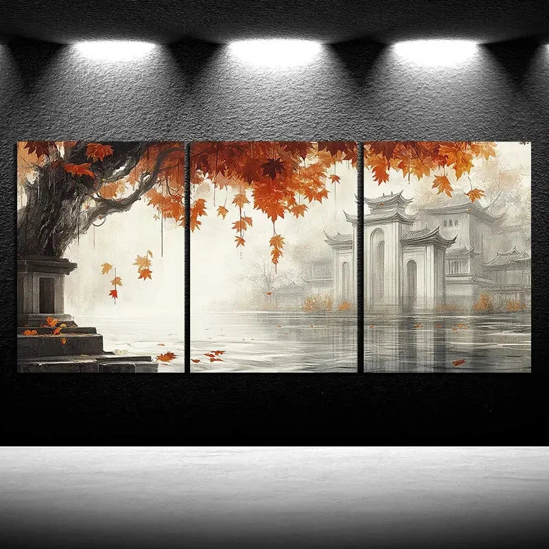 3pcs The House Next To The Red Maple Leaves Metal Print Ready to Hang Art - Bella Home Decor