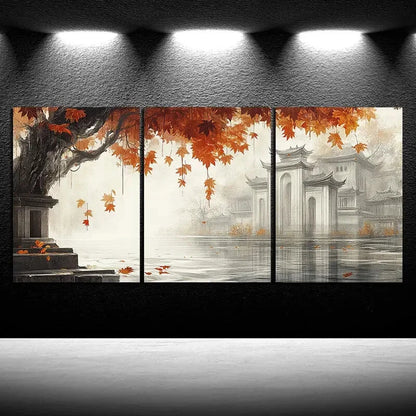 3pcs The House Next To The Red Maple Leaves Metal Print Ready to Hang Art - Bella Home Decor