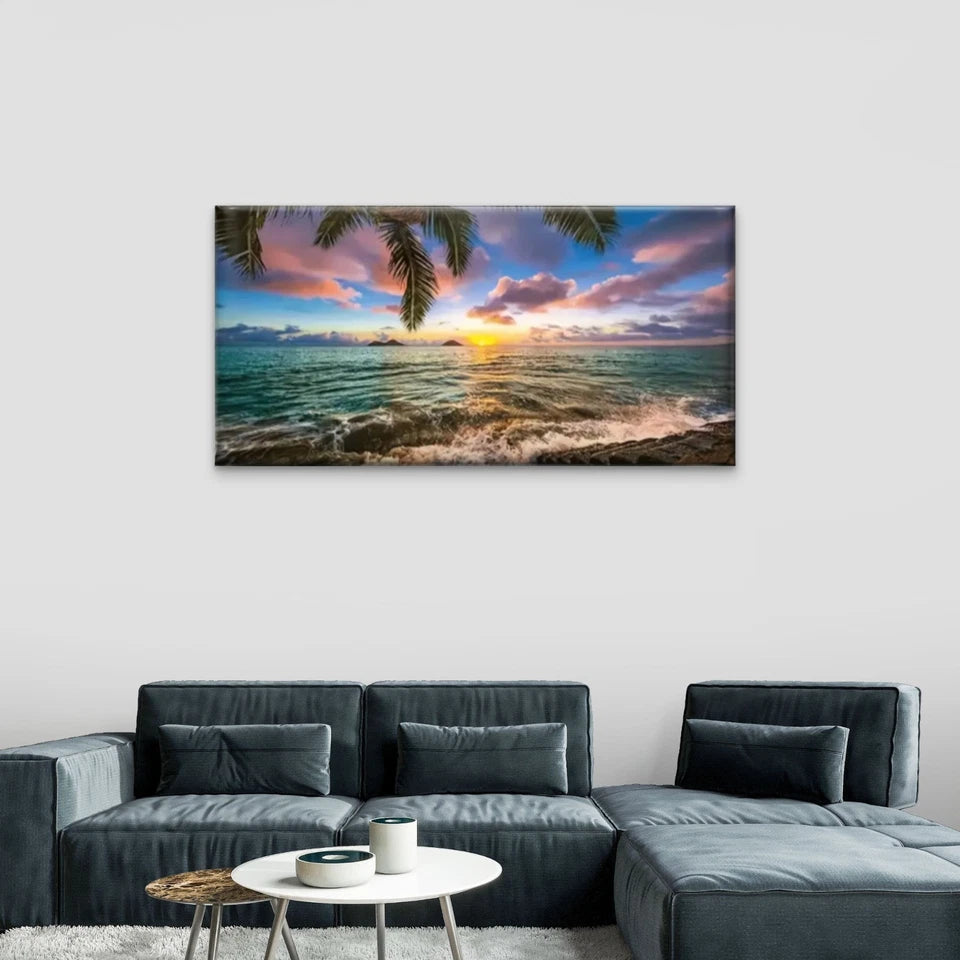 Sunset Palm Tree Sky Waves Wall Art Canvas Office Home Room Framed 120x60cm