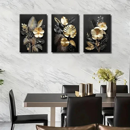 3pcs Set of Black Golden Plant Flowers Wall Art Set Canvas Unframed - High Quality Print 100% Australian Made Wall Canvas