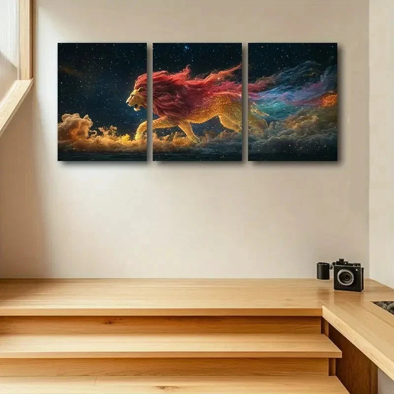 3pcs Vibrant Lion with Colorful Mane & Wings Metal Print Ready to Hang Art - Bella Home Decor