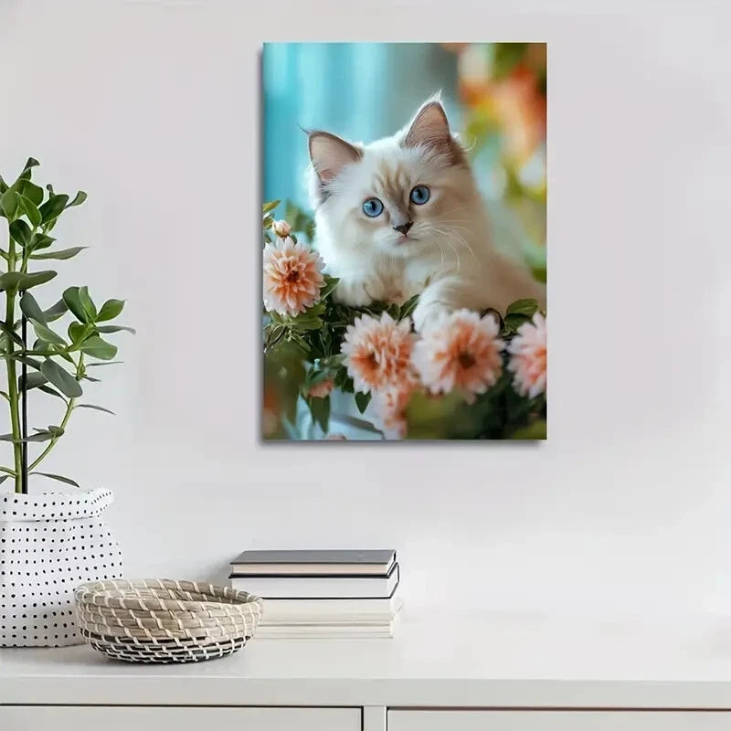 Cute Birman Kitten with Blue Eyes & Pink Flowers 40x60cm Metal Print Ready to Hang - Bella Home Decor