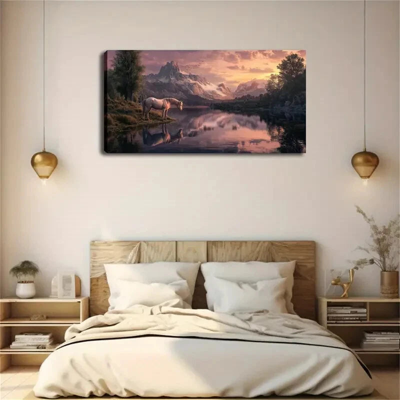 Realistic Mountain Lake Lands Wall Art Canvas Office Home Room Framed 120x60cm - Bella Home Decor