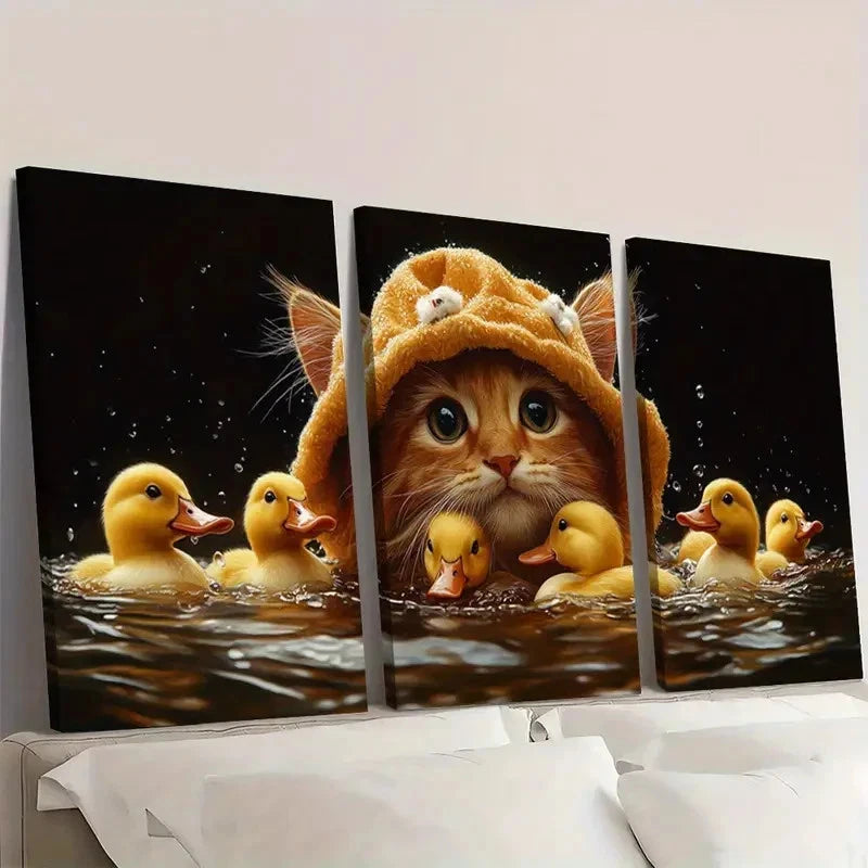 3pcs Adorable Cat Lion Hat Ducks Wall Art Set Canvas Framed 60x90cm - High Quality Print 100% Australian Made Wall Canvas Ready to Hang - Bella Home Decor