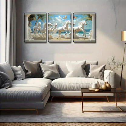 3pcs Six White Horses Beach Scene Perfect Wall Art Set Canvas Framed 60x90cm - High Quality Print 100% Australian Made Wall Canvas Ready to Hang - Bella Home Decor