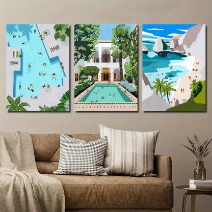 3pcs Vibrant Moroccan Swimming Pool Perfect Wall Art Set Canvas Framed 60x90cm - High Quality Print 100% Australian Made Wall Canvas Ready to Hang - Bella Home Decor