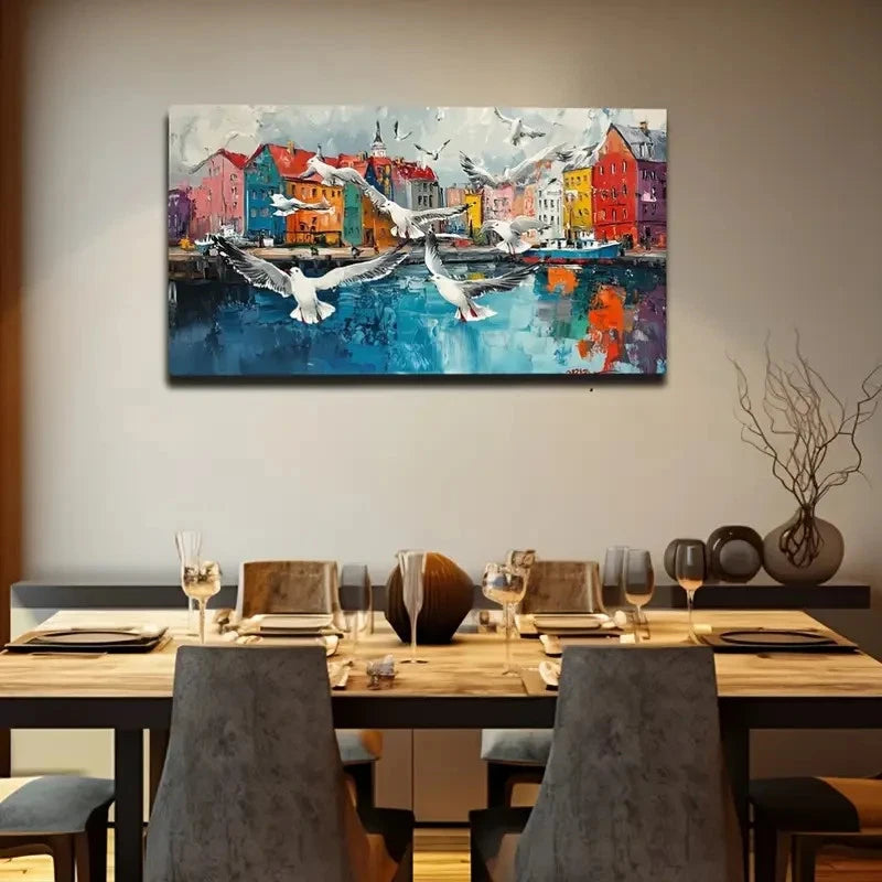 Flying Seagulls & Vibrant City Wall Art Canvas Office Home Room Framed 120x60cm