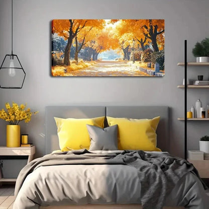 Autumn Pathway Yellow Trees Wall Art Canvas Office Home Room Framed 120x60cm - Bella Home Decor